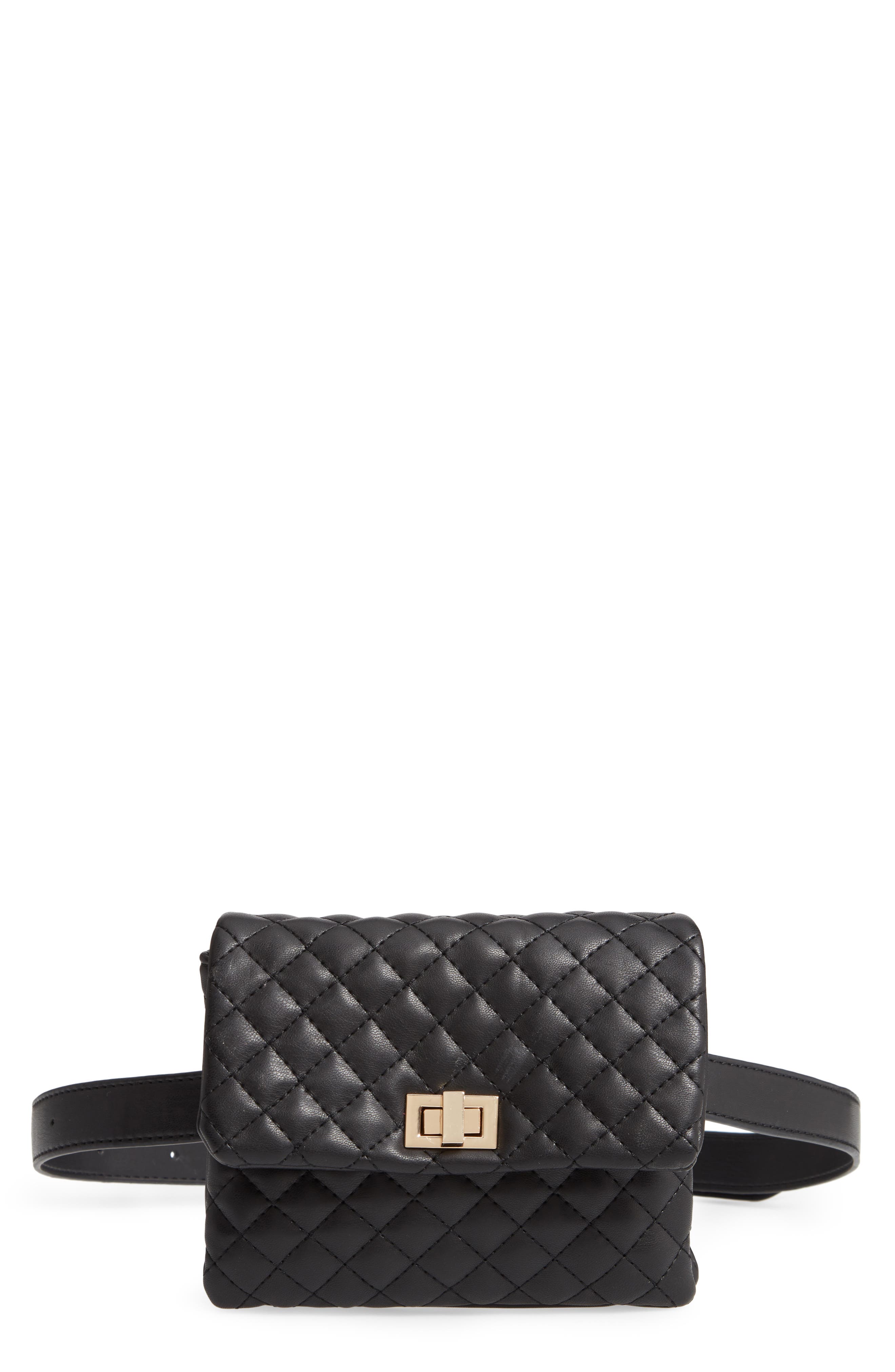 Quilted Vegan Leather Belt Bag, Main, color, BLACK/ GOLD