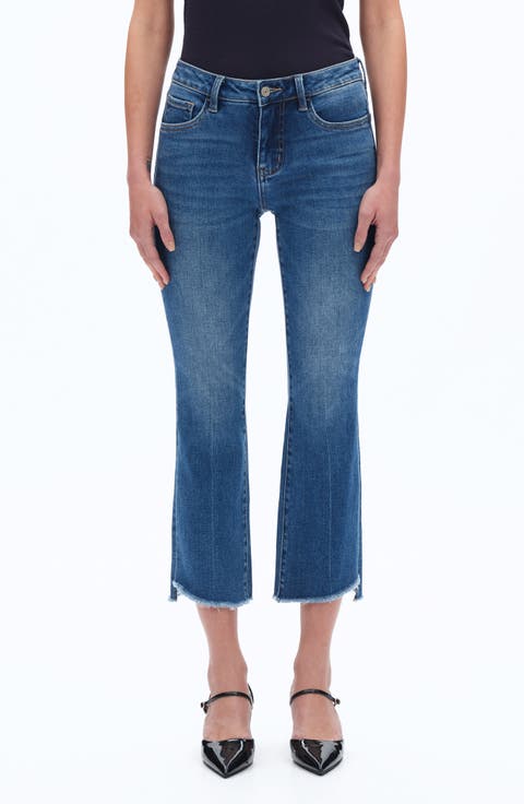 Frayed Step Hem Mid Rise Ankle Bootcut Jeans