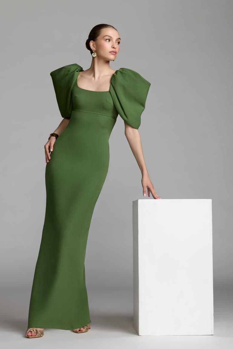 Crepe Square Neck Gown With Puff Sleeves, Alternate, color, Moss Green