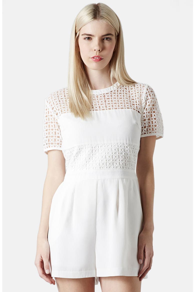 Eyelet Panel Short Sleeve Romper, Main, color, WHITE