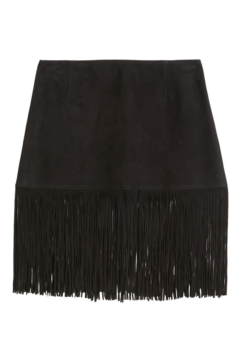 The Saddle Fringe Trim Suede Skirt, Alternate, color, BLACK