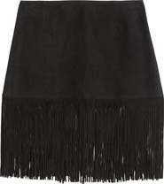 FRAME The Saddle Fringe Trim Suede Skirt