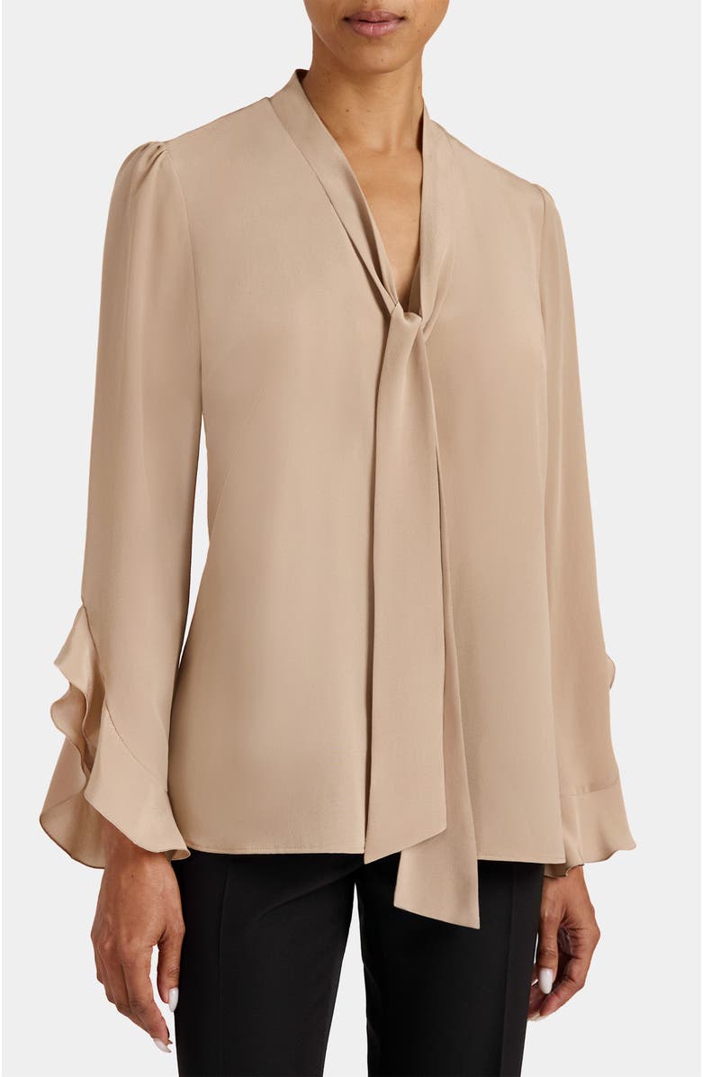 Santorelli Sienna Long Sleeve Silk Blouse with Neck Tie, Main, color, 