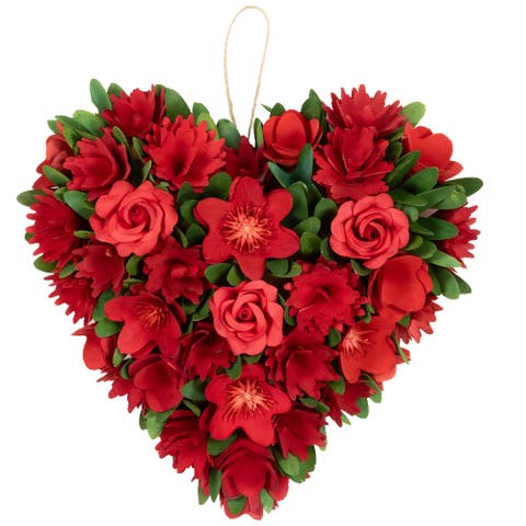Mixed Floral With Wooden Flowers Artificial Valentine's Day Heart Wreath - 12.25"