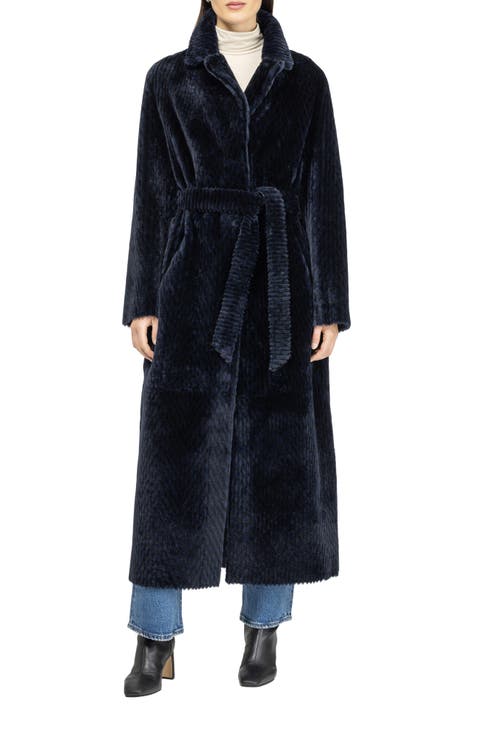 Reversible Chevron Printed Grooved Genuine Shearling Coat