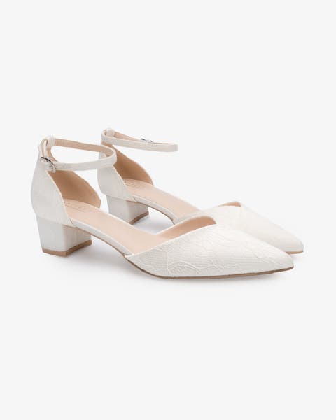 Adele White Lace Pointy Toe Block Heel with Ankle Strap