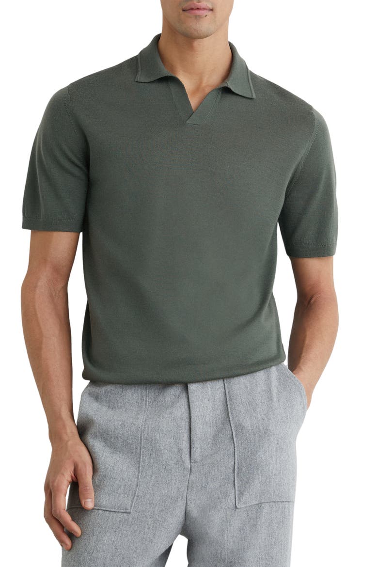 Duchie Johnny Collar Short Sleeve Wool Polo Sweater, Main, color, DARK GREEN