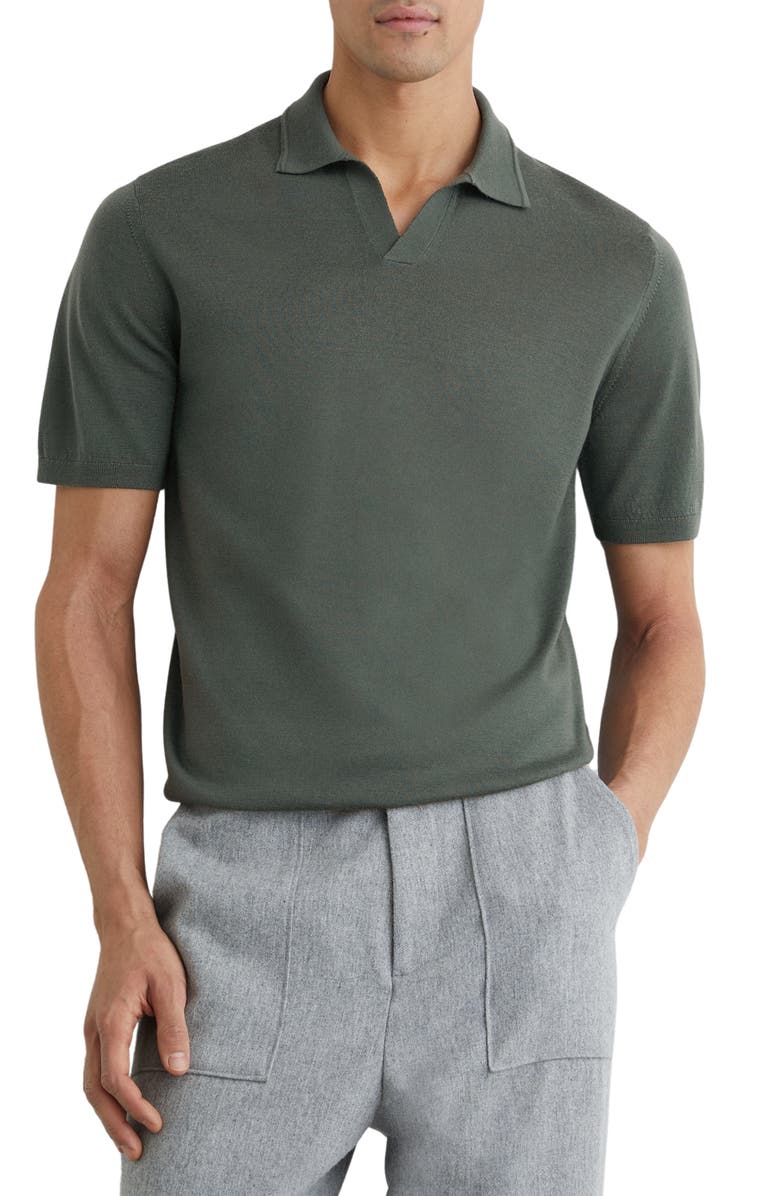 Reiss Duchie Johnny Collar Short Sleeve Wool Polo Sweater, Main, color, Kale Green