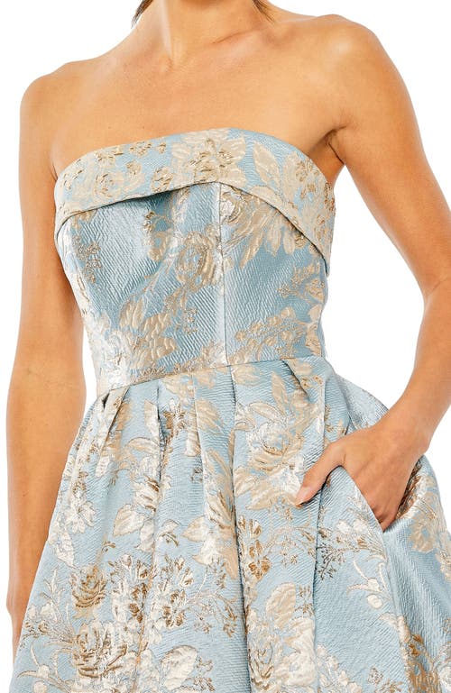 Mac Duggal Strapless Brocade Midi Dress With Pockets In Blue Multi