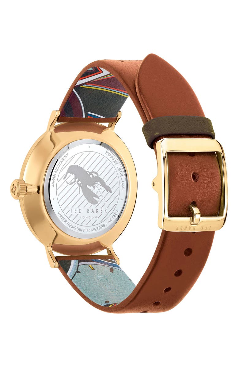 Ted Baker Three Hand Quartz Leather Strap Watch, Alternate, color, Brown