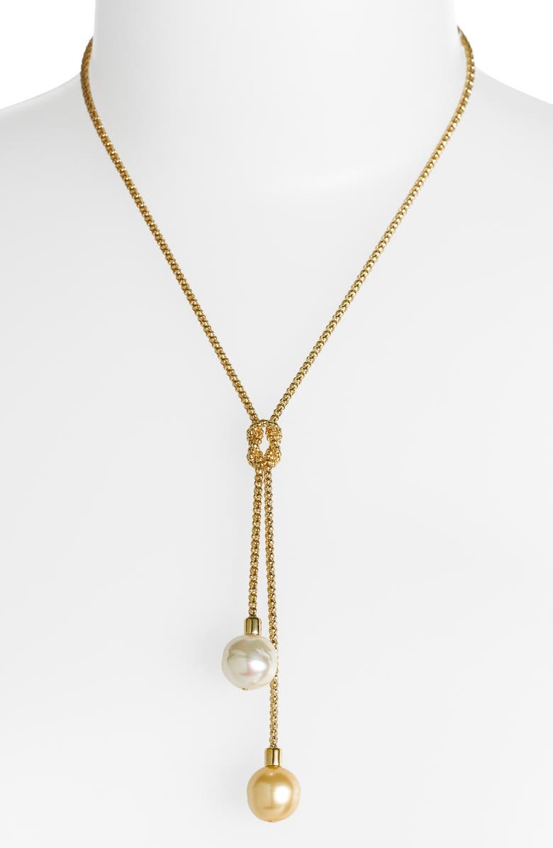 Majorica 'Love Knot' 14mm Pearl Lariat Necklace, Alternate, color,
