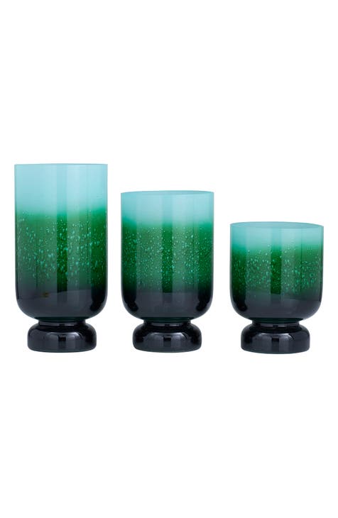 Green Glass Pillar Hurricane Lamp with Ombré Effect - Set of 3