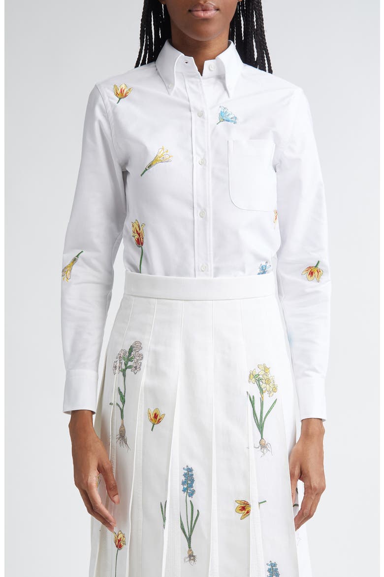 Floral Embroidered Cotton Button-Down Shirt, Main, color, WHITE