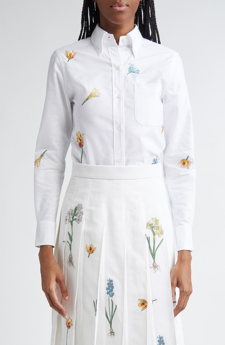 Thom Browne Floral Embroidered Cotton Button-Down Shirt, Main, color, White