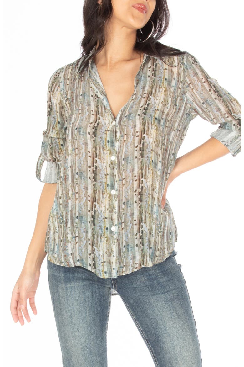 Print Roll Tab Sleeve Button-Up Shirt, Main, color, BEIGE MULTI