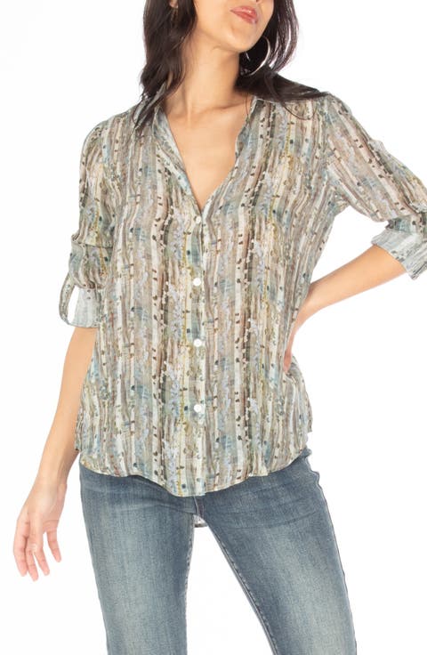 Print Roll Tab Sleeve Button-Up Shirt