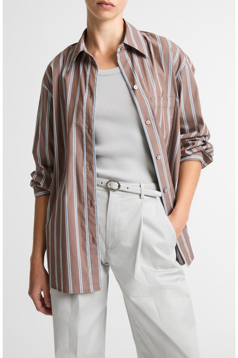 Stripe Cotton Blend Button-Up Shirt, Main, color, BROWN MULTI