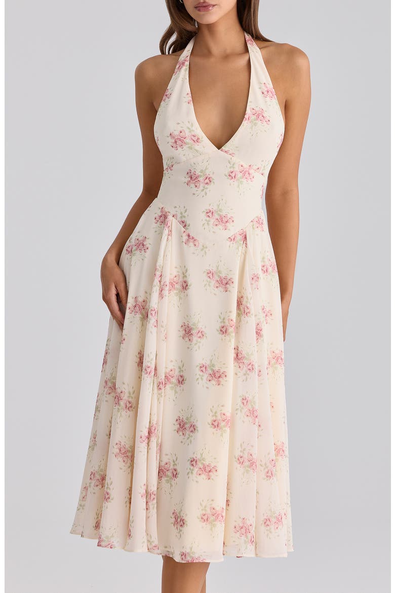 Solada Floral Halter Midi Dress, Alternate, color, IVORY VINTAGE ROSE PRINT