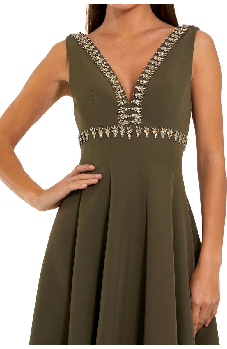 Mac Duggal Rhinestone Embellished Crepe A Line Midi Dress, Alternate, color, Olive