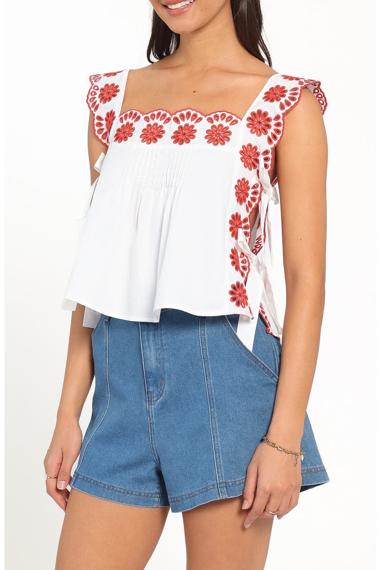 Brydee Embroidered Eyelet Tie Top, Alternate, color, RED