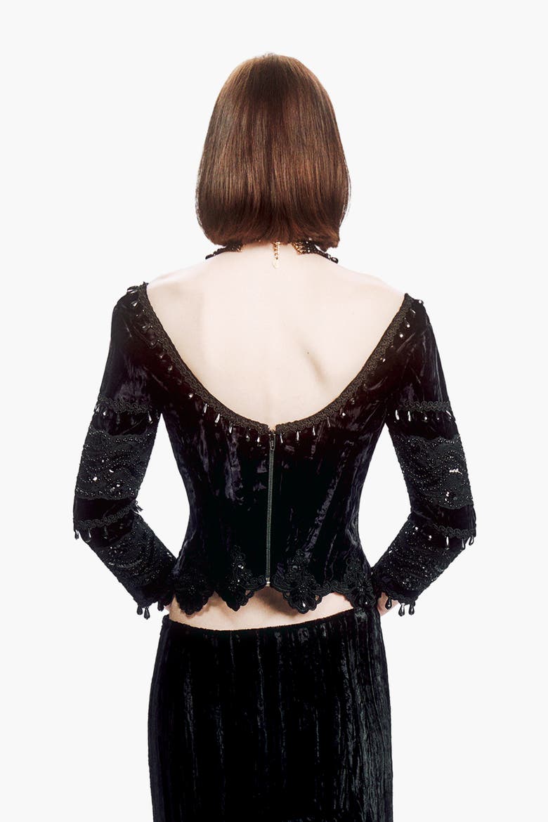 Crushed Velvet Beaded Corset, Alternate, color, Black
