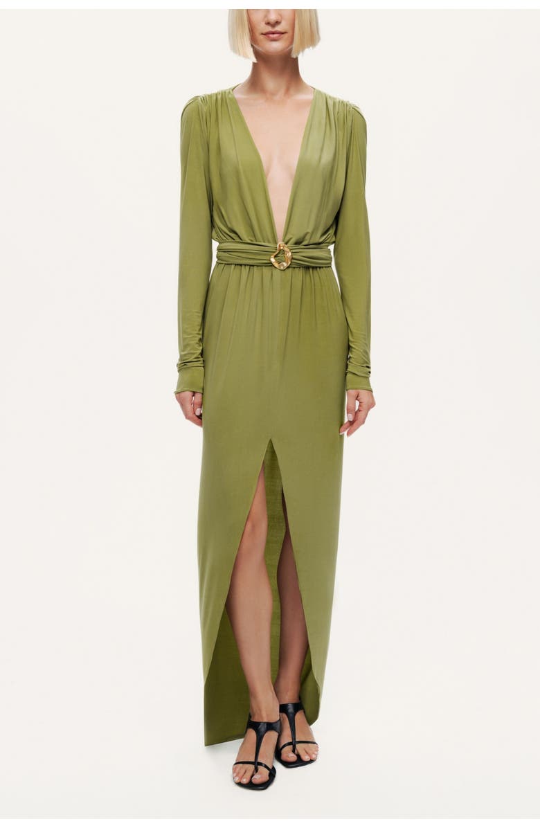 Nocturne Deep Plunge Belted Jersey Maxi Dress, Alternate, color, Olive Green