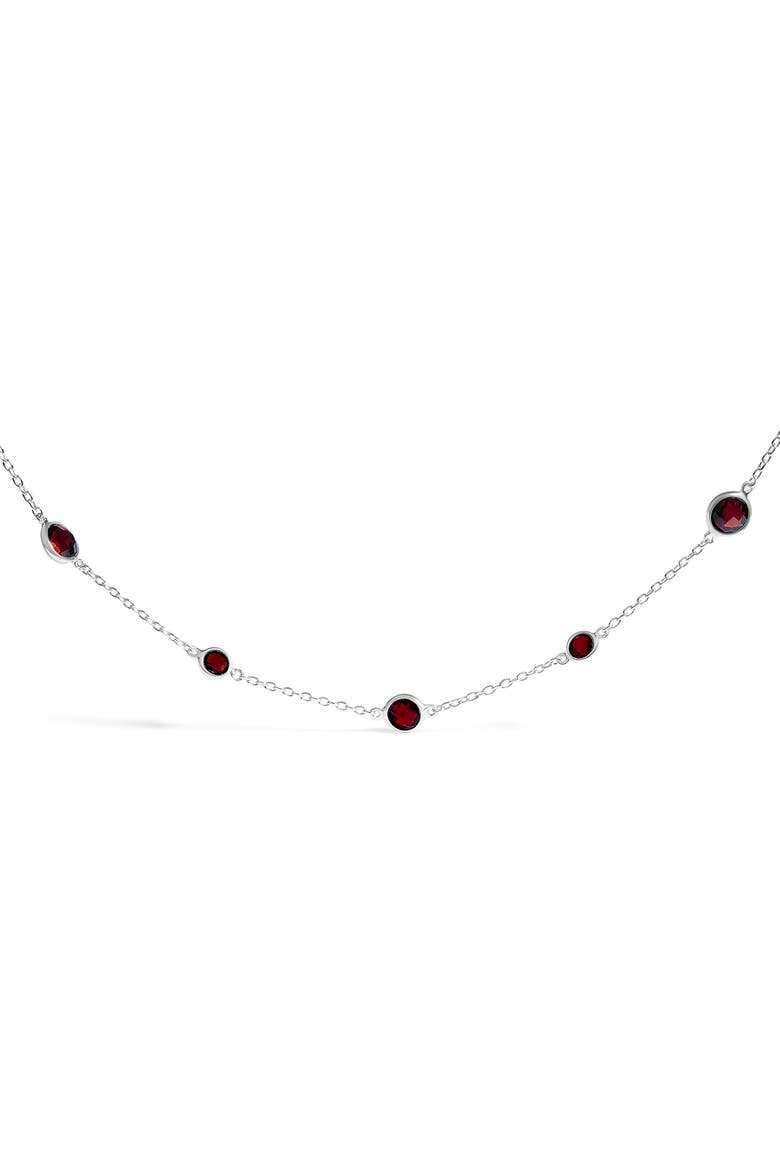 .925 Sterling Silver Checkerboard Cut Red Garnet Bezel Station Necklace, Main, color, White