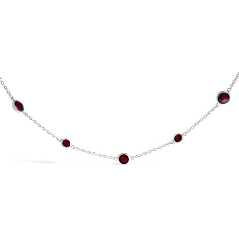 .925 Sterling Silver Checkerboard Cut Red Garnet Bezel Station Necklace