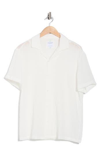 Denim And Flower Textured Knit Short Sleeve Button-up Shirt