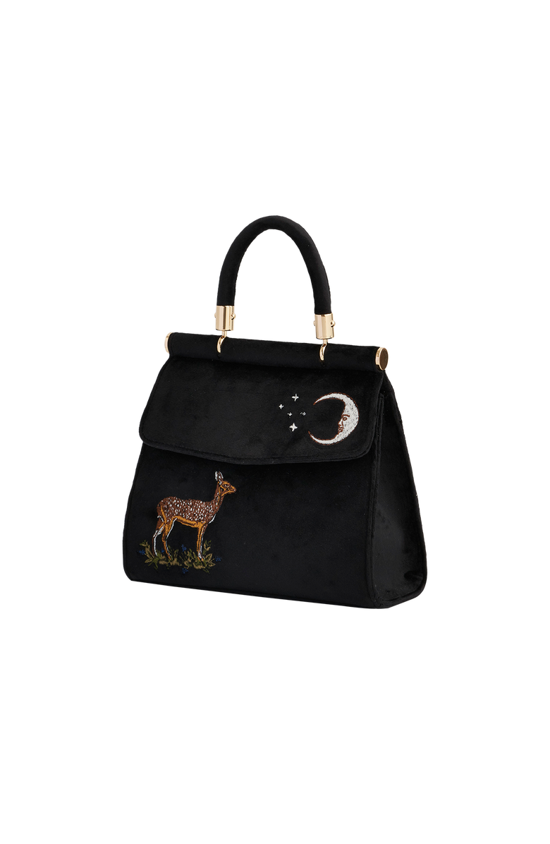 Fable England Deer & Moon Embroidered Black Velvet Tote, Alternate, color, Black