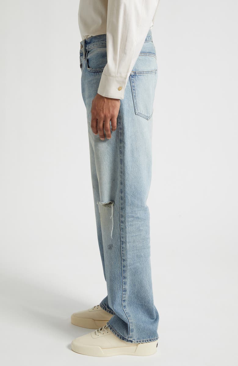Fear of God Ripped Knee Five-Pocket Straight Leg Jeans, Alternate, color, Light Indigo Light Indigo