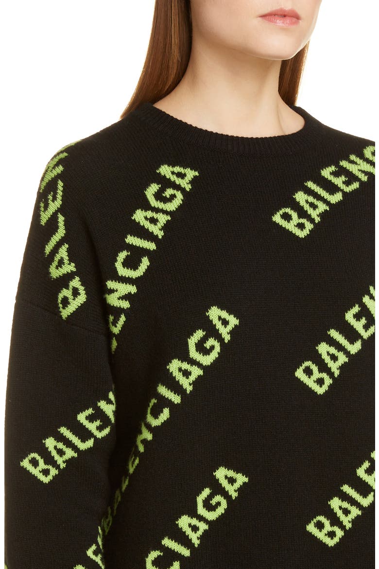 Oversize Logo Jacquard Wool Blend Sweater, Alternate, color, BLACK/ ACID GREEN