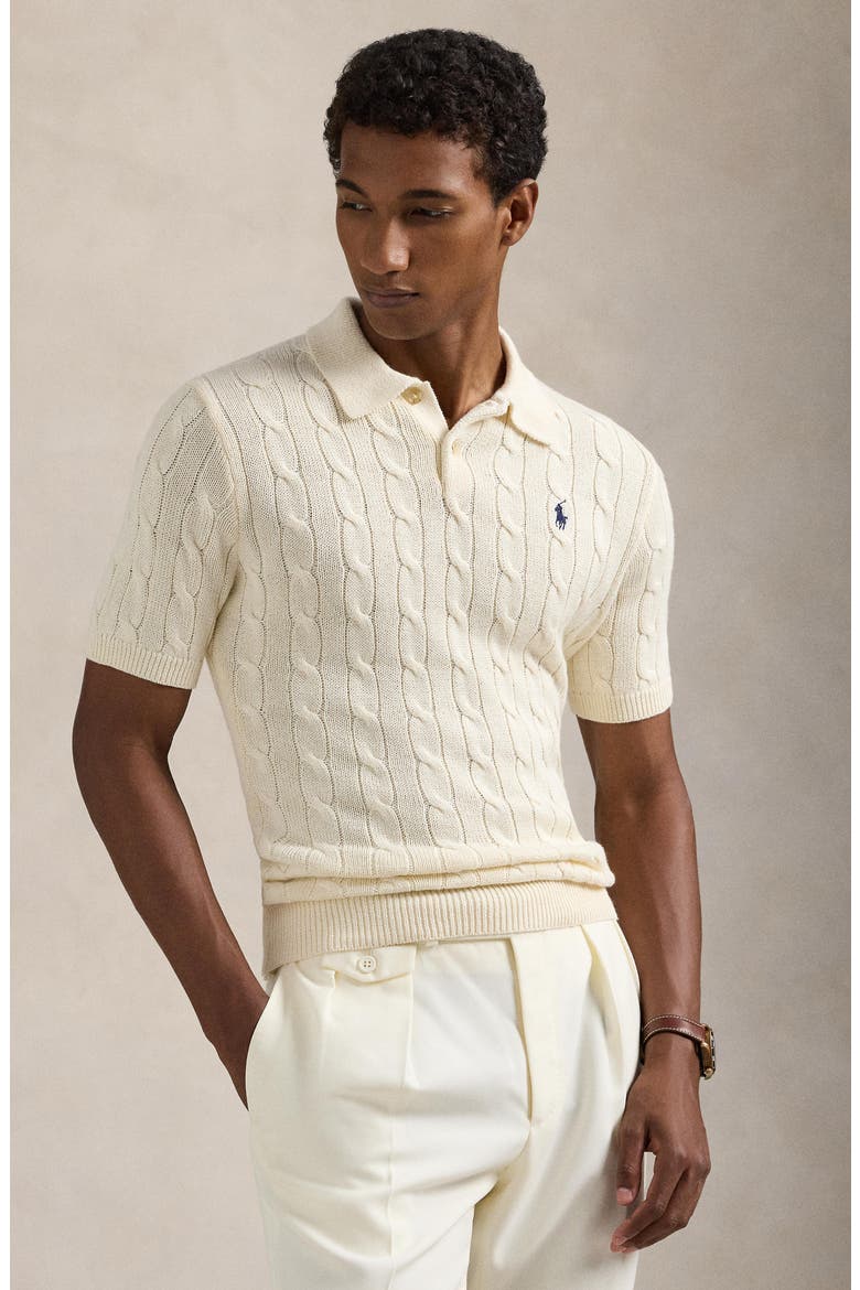 Cable Short Sleeve Polo Sweater, Alternate, color, ANDOVER CREAM