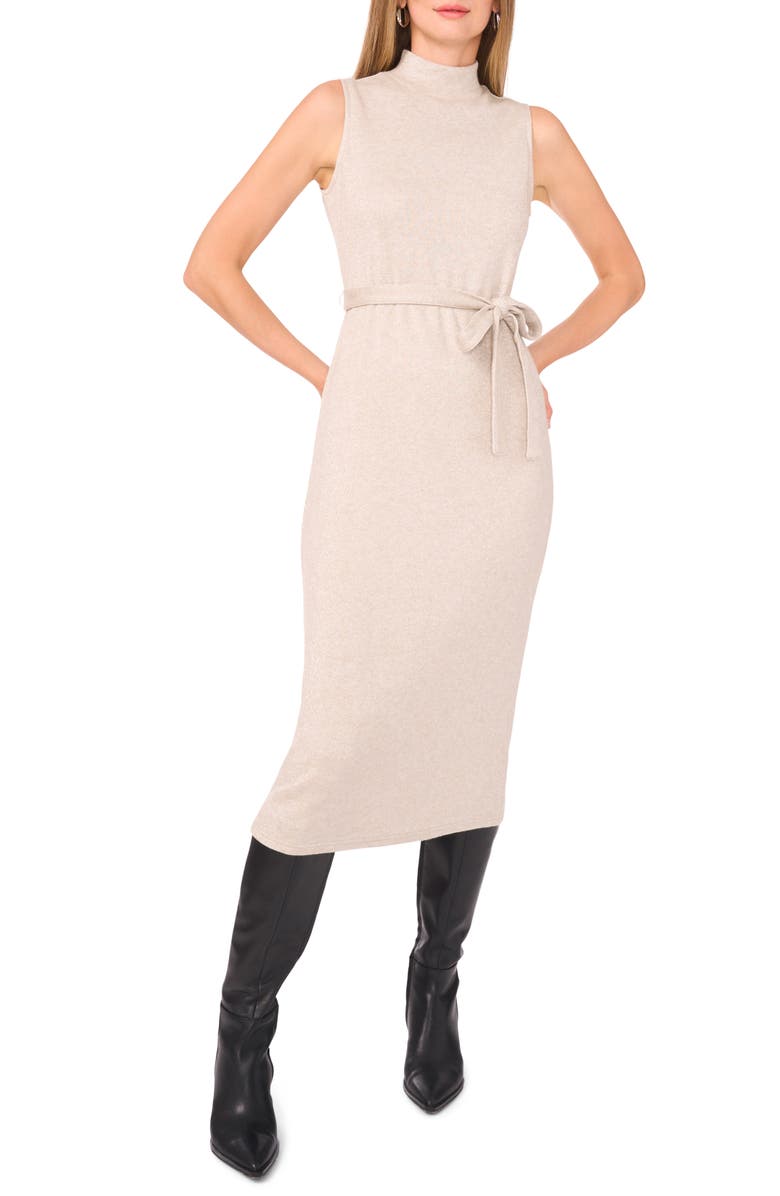 Vince Camuto Tie Waist Mock Neck Sweater Midi Dress, Main, color, Dusty Oatmeal Heather