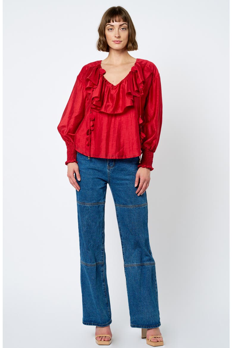 Saruma Satin Ruffle Collar Blouse, Alternate, color, RED