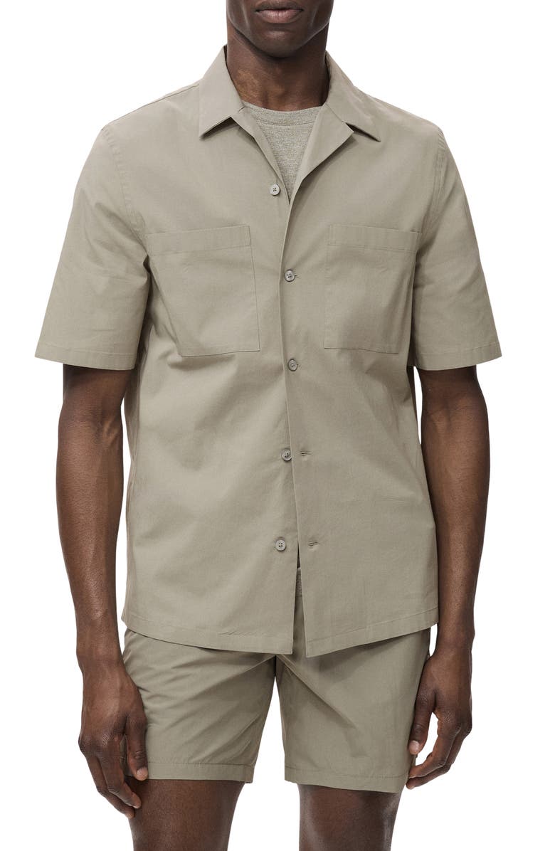 MANGO Solid Stretch Cotton Blend Camp Shirt, Main, color, Khaki Grey