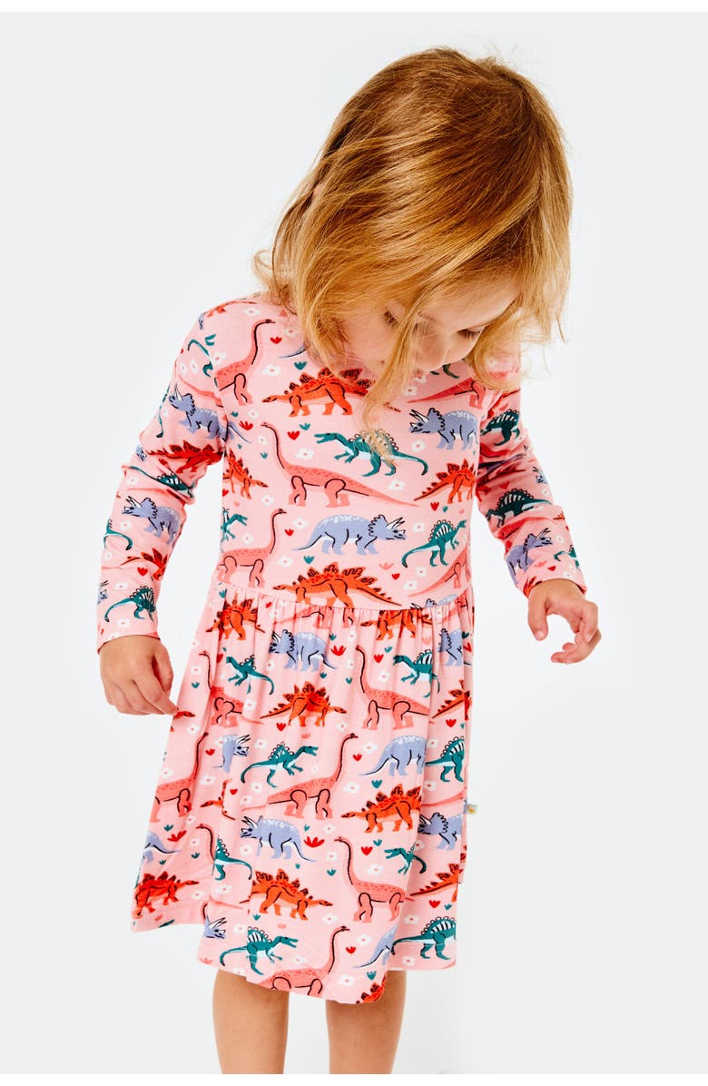 Clover Baby & Kids Stretchy Long Sleeve Twirl Dress - Dinosaur Garden, Main, color, Dinosaur Garden