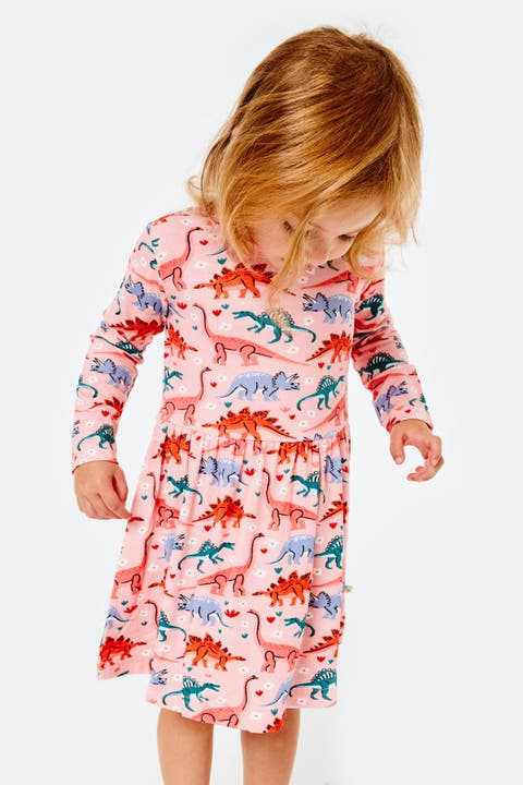 Stretchy Long Sleeve Twirl Dress - Dinosaur Garden (Baby)