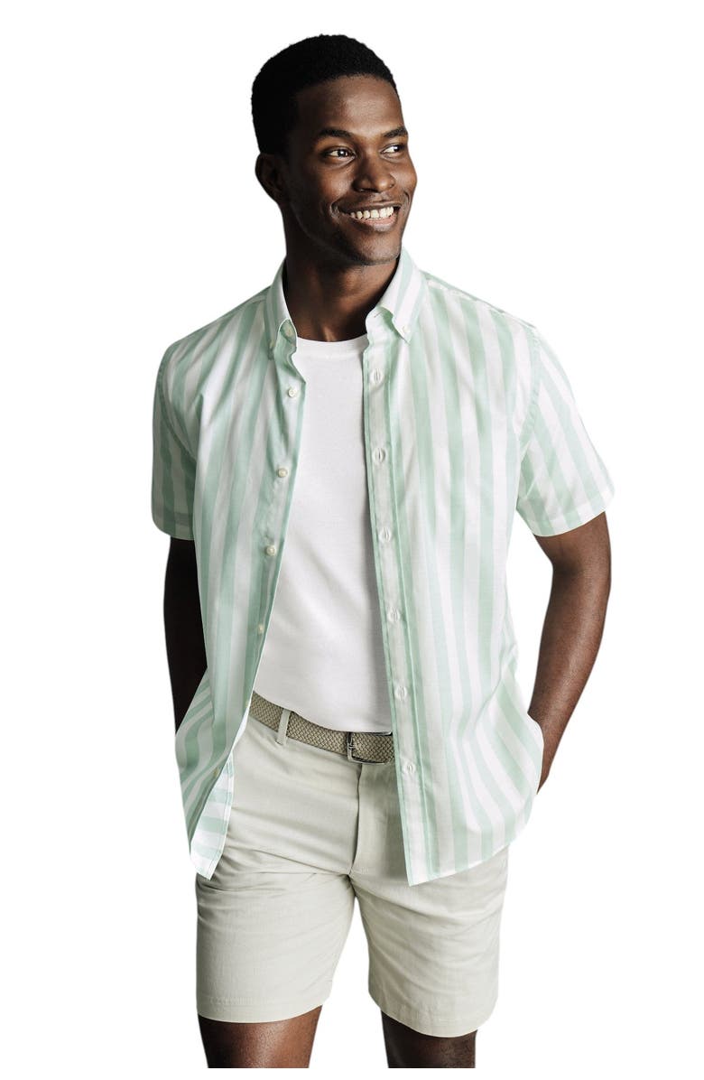 Charles Tyrwhitt Non-Iron Stretch Poplin Slub Short Sleeve Shirt, Alternate, color, Aqua Green