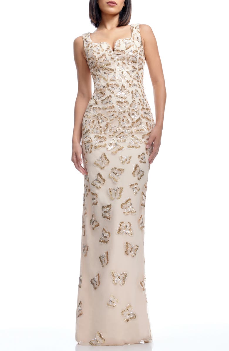 Dress the Population Goldie Sequin Butterfly Column Gown, Main, color, Champagne Multi