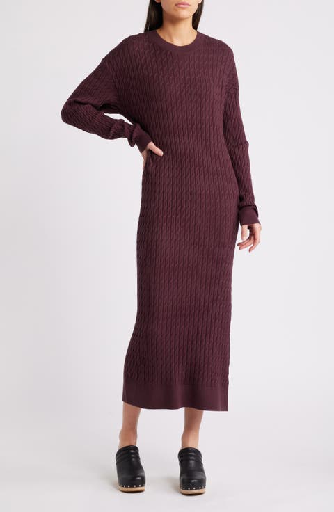 Cable Stitch Long Sleeve Midi Sweater Dress
