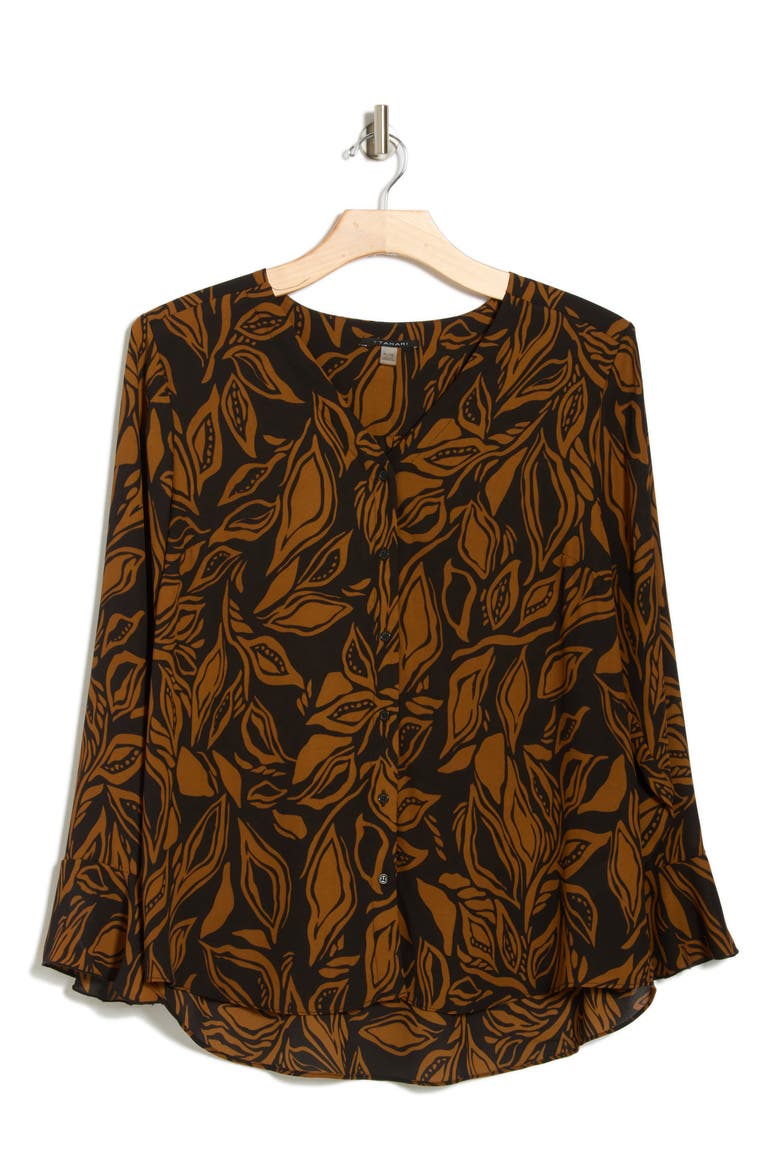 Long Sleeve Button-Up Top, Alternate, color, BLACK/ BROWN JUNGLE LEAF PRINT
