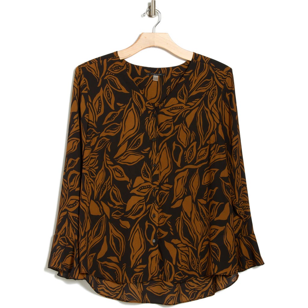 T Tahari Long Sleeve Button-up Top In Black/brown Jungle Leaf Print