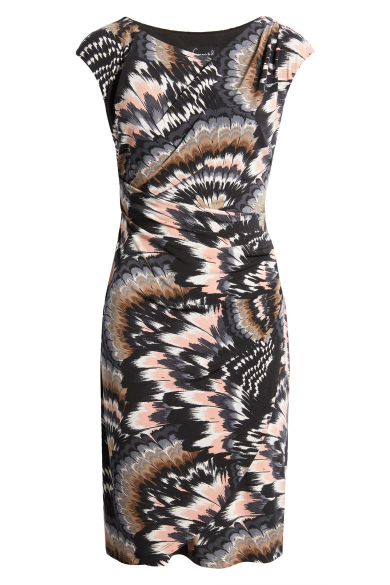 Feather Print Asymmetric Neck Knit Dress, Alternate, color, BLACK