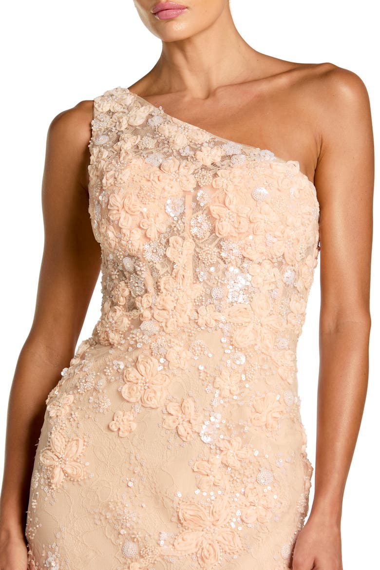 One Shoulder Floral Embroidered Column Gown, Alternate, color, Peach