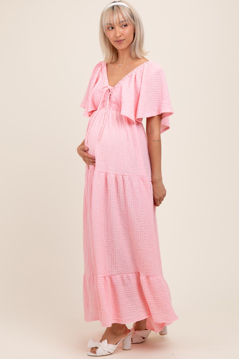 Woven Textured Flutter Sleeve V-Neck Tiered Maxi Dress, Alternate, color, Light Pink