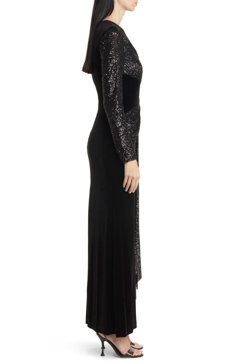Eliza J Sequin Velvet Long Sleeve Gown, Alternate, color, 