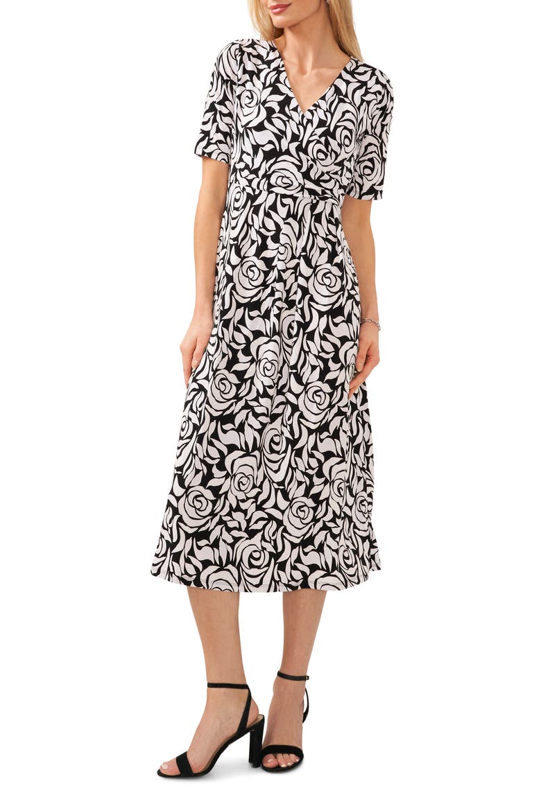 Print Faux Wrap Midi Dress, Main, color, BLACK/ WHITE