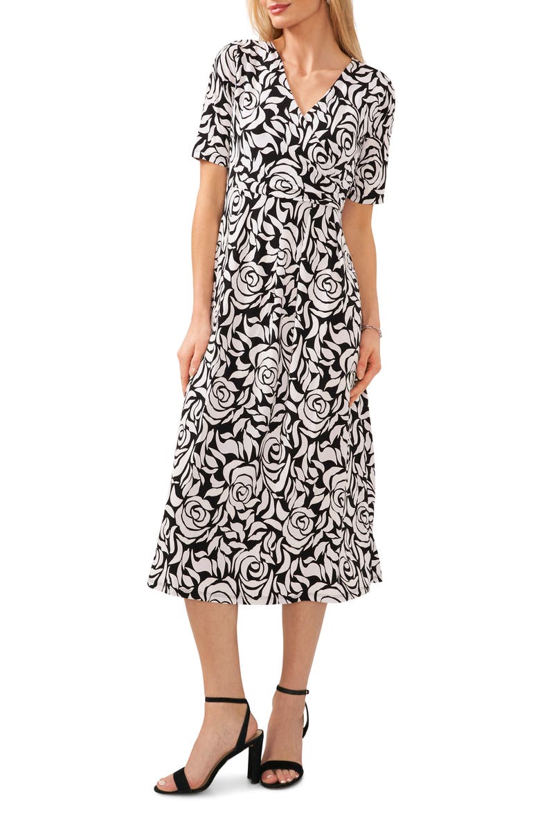 Chaus Print Faux Wrap Midi Dress, Main, color, Black/ White