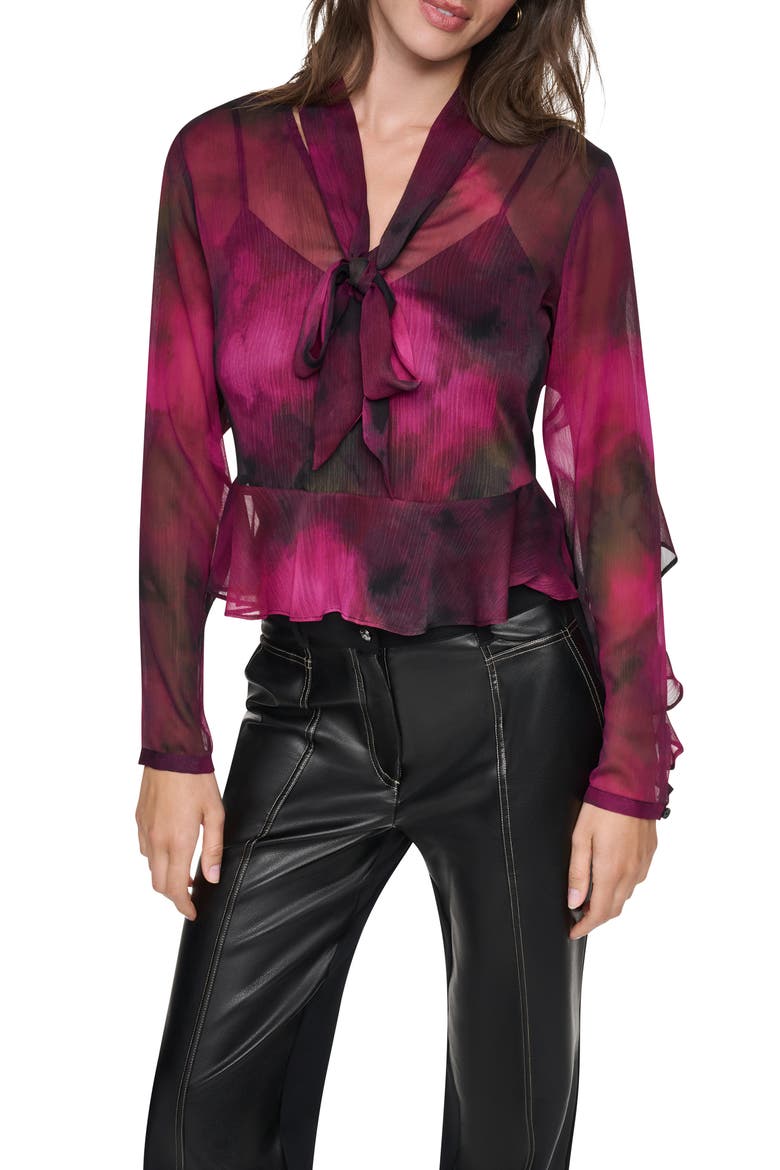 Wavy Print Tie Neck Top, Main, color, RASPBRRY H